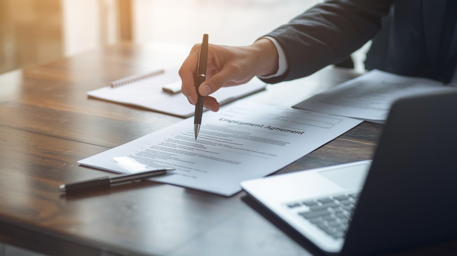 Reviewing an employment agreement on a desk in a modern office, representing Wellington-based employment relations services supporting clients across New Zealand.