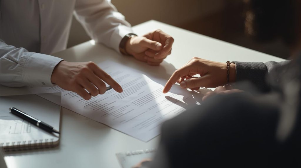 Hands collaboratively reviewing a document in a respectful meeting environment, representing mana-enhancing employment relations support across New Zealand.